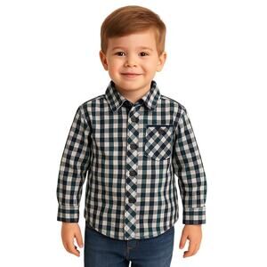 Faded Gear Boys 4 Button Down Shirt Blue Green Plaid Long Sleeve Roll Tab